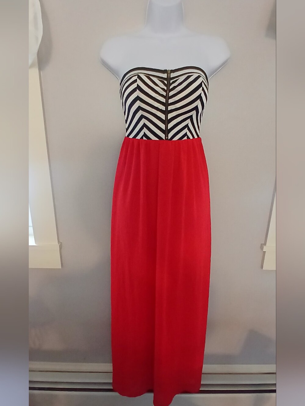 iris Strapless Red Maxi Dress with Black & White Chevron Bodice